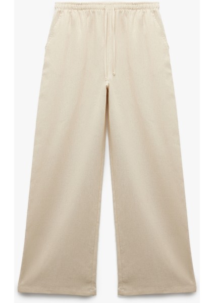 Yeni Sezon Beli Bağcıklı Geniş Paça Keten Karışımlı Pantolon