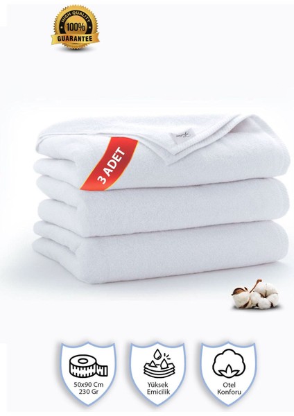 3 Adet | Pamuklu, Beyaz El Havlusu | El, Yüz, Baş Havlusu | Spa ve Otel Havlusu (50X90 Cm)