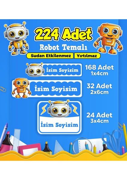 Robot Temalı Okul Kreş Kişiye Özel Isim Etiket Seti - Model 431