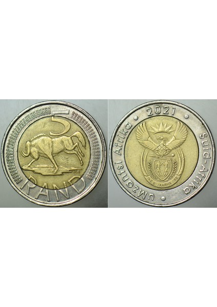 Güney Afrika Cumhuriyeti 5 Rand 2021 Umzantsi Afrika. Bimetal Para. Ekstra Güvenlikli Kenarlı.