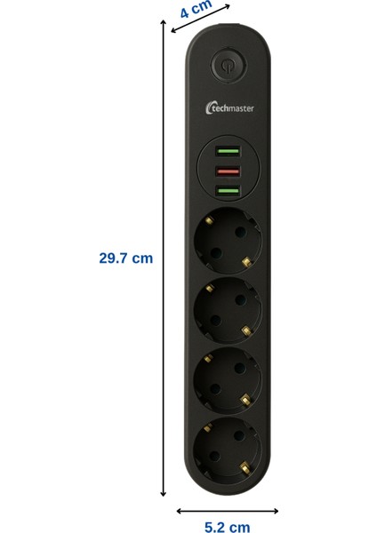 3 Usbli Akım Çocuk Korumalı 4lü Priz 2mt Siyah
