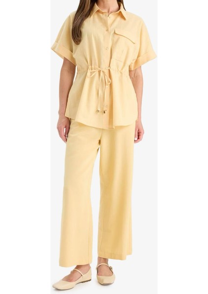 Kadın Sarı Kısa Kollu Beli Büzgülü Gömlek Elbise – Hafif Yazlık Dokulu Kumaşlı Şık Tasarım fiyatları