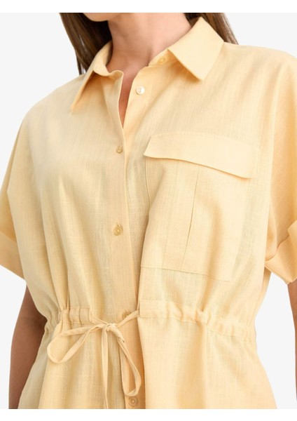 Kadın Sarı Kısa Kollu Beli Büzgülü Gömlek Elbise – Hafif Yazlık Dokulu Kumaşlı Şık Tasarım modelleri