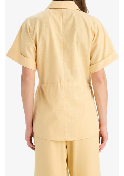 Kadın Sarı Kısa Kollu Beli Büzgülü Gömlek Elbise – Hafif Yazlık Dokulu Kumaşlı Şık Tasarım fırsatları