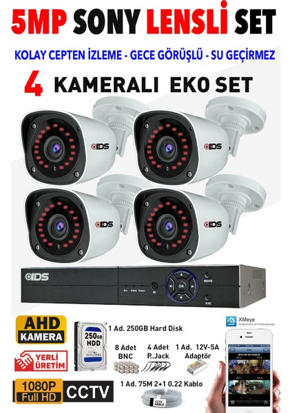 4 Kameralı Sony Lensli Fullhd Gece Görüşlü Güvenlik Kamerası Seti - Cepten Izle - 1080P