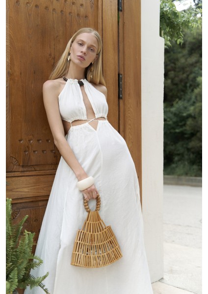 Bunina Bağcıklı Boncuk Detay Ekru Uzun Elbise