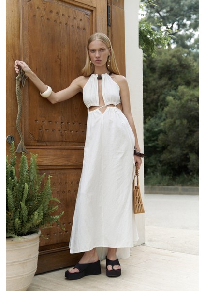 Bunina Bağcıklı Boncuk Detay Ekru Uzun Elbise fiyatları