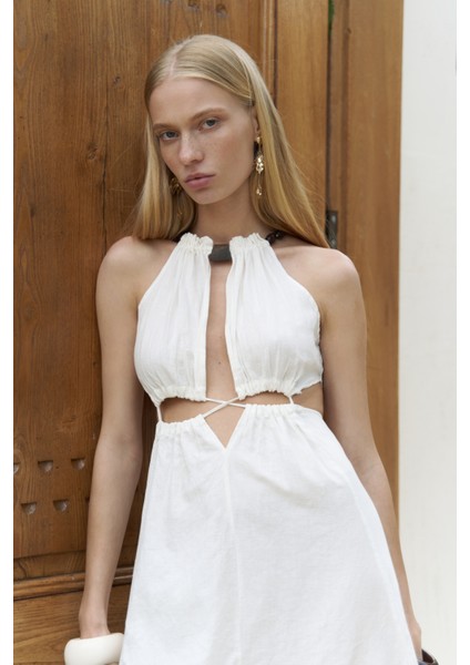 Bunina Bağcıklı Boncuk Detay Ekru Uzun Elbise fırsatları