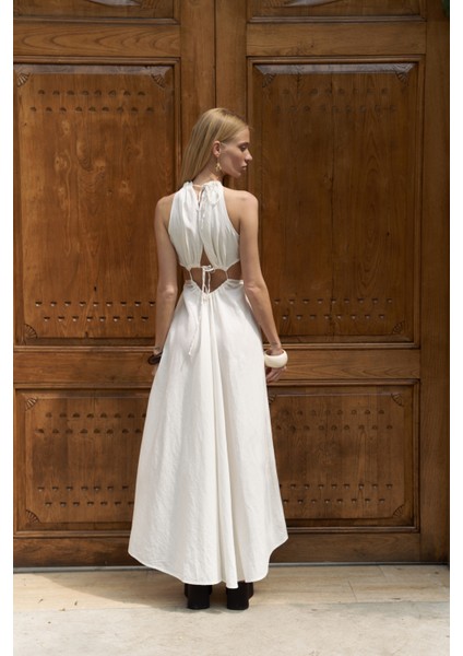 Bunina Bağcıklı Boncuk Detay Ekru Uzun Elbise indirimleri