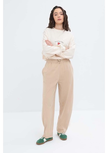 Bej-Beli Lastikli Slouchy Eşofman Altı
