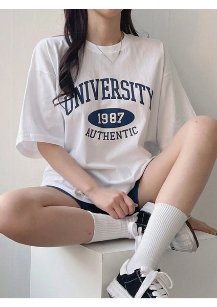 Kadın Tişört Baskılı Uzun T-Shirt Pamuklu Oversize Tişört Unıversity-Kadın