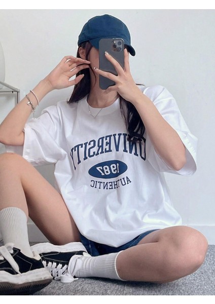 Kadın Tişört Baskılı Uzun T-Shirt Pamuklu Oversize Tişört Unıversity-Kadın modelleri