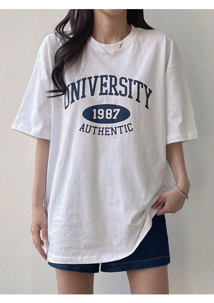 Kadın Tişört Baskılı Uzun T-Shirt Pamuklu Oversize Tişört Unıversity-Kadın fırsatları