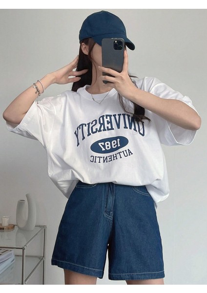 Kadın Tişört Baskılı Uzun T-Shirt Pamuklu Oversize Tişört Unıversity-Kadın indirimleri