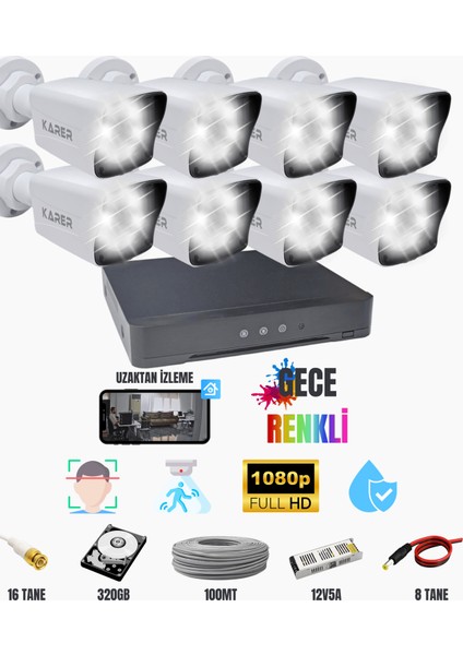 Exitcam 8 Kameralı 1080P Fullhd Kamera Seti + 320GB HDD + Renkli Gece Görüşü