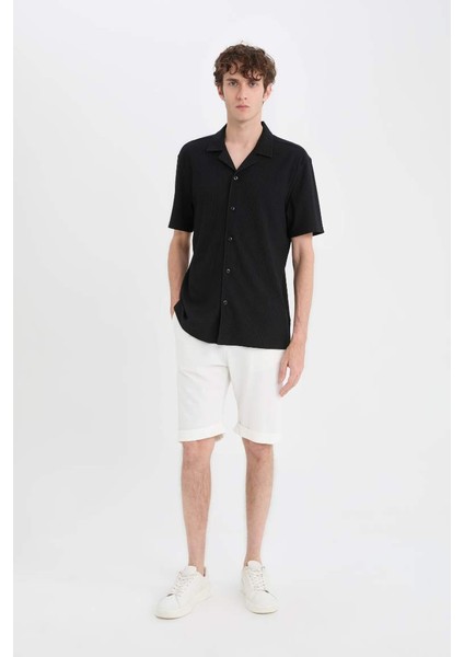 Yeni Sezon modern Fit Polo Yaka Dokulu Penye Kısa Kollu Siyah Gömlek fiyatları