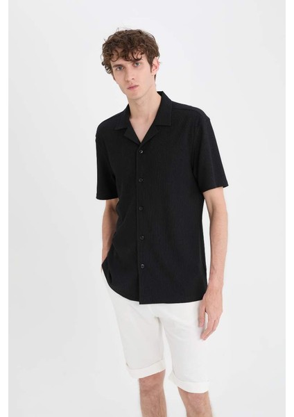 Yeni Sezon modern Fit Polo Yaka Dokulu Penye Kısa Kollu Siyah Gömlek modelleri