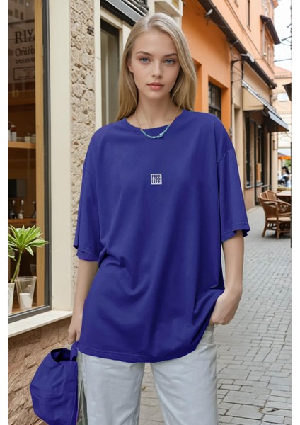 Kadın Saks Mavisi Free Life Bisiklet Yaka Oversize Salas T-Shirt