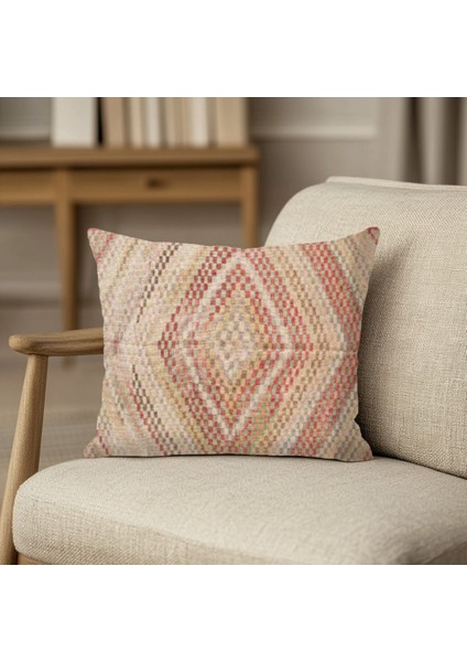 Krem Etnik Desenli Baskı Kırlent Kılıfı