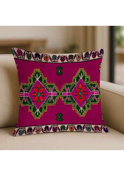 Yörük Motifli Kilim Desenli Çift Taraflı 43X43 cm Dekoratif Kırlent Kılıfı