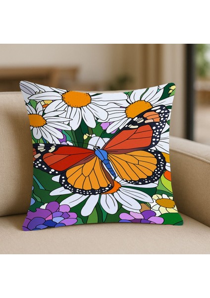 Kelebek Desenli Çiçekli Kırlent Kılıfı – 43X43 Cm, Çift Taraflı, Fermuarlı, Yıkanabilir