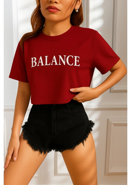 Kadın Tişört Crop Tişört Baskılı Fit Tişört Balance-Tişört