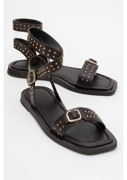 Carril Kahverengi Hakiki Deri Troklu Kadın Sandalet