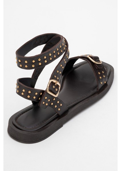 Carril Kahverengi Hakiki Deri Troklu Kadın Sandalet indirimleri