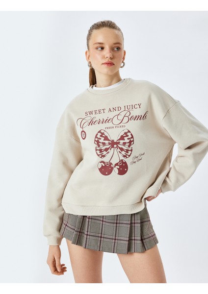 Yeni Sezon Şardonlu Kiraz Baskılı Uzun Kollu Bisiklet Yaka Oversize Sweatshirt