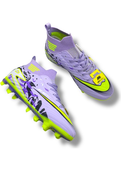 Çoraplı Unisex Krampon Halısaha & Çimsaha Ayakkabı Lila Sarı Desenli