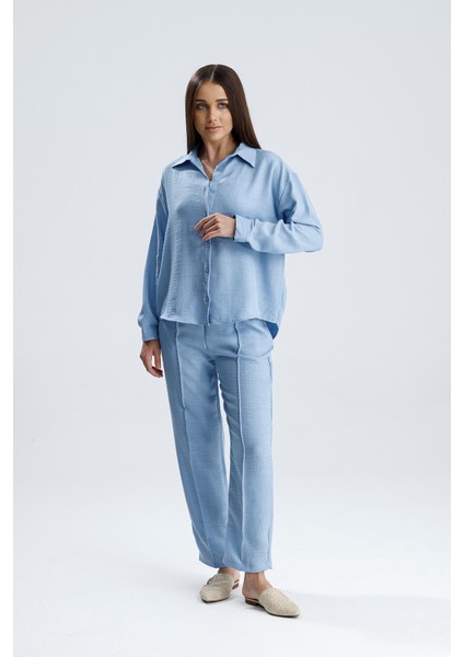 Kadın Oversize Alt Üst Takım – Gömlek ve Lastikli Pantolon Ikili Set modelleri