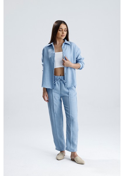 Kadın Oversize Alt Üst Takım – Gömlek ve Lastikli Pantolon Ikili Set indirimleri
