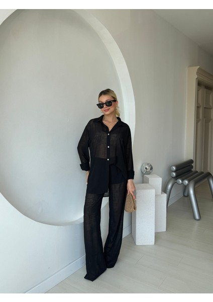 Transparan Şortlu Pantolon Gömlek Takım