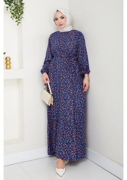 Çiçek Desen Kuşaklı Elbise Lacivert