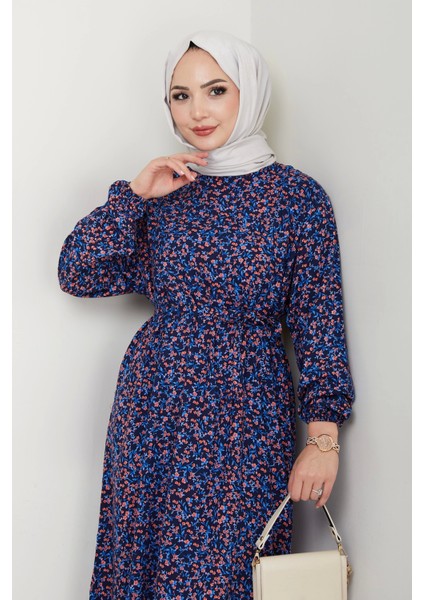 Çiçek Desen Kuşaklı Elbise Lacivert fiyatları