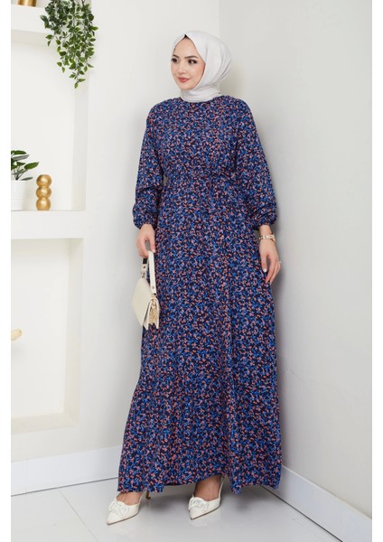 Çiçek Desen Kuşaklı Elbise Lacivert modelleri