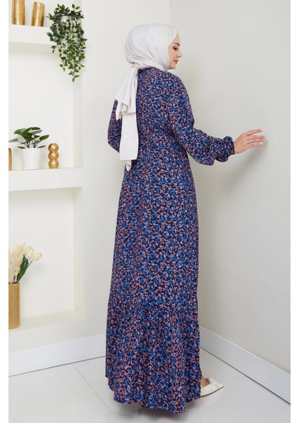 Çiçek Desen Kuşaklı Elbise Lacivert indirimleri
