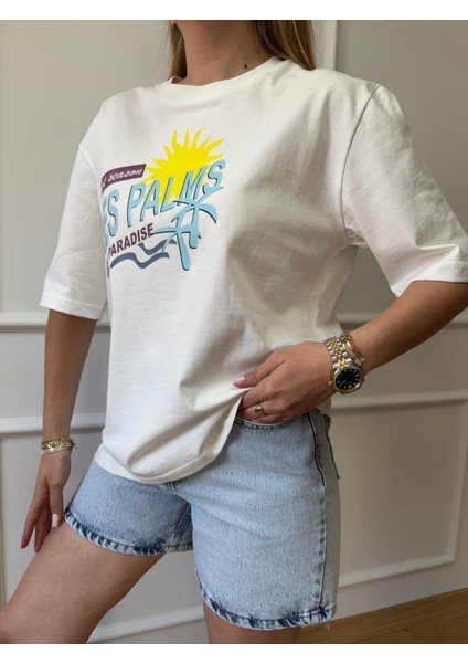 Ekru Les Palms Baskılı Tshirt