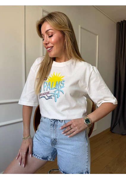 Ekru Les Palms Baskılı Tshirt