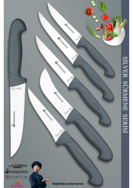 Sürmene Silver Serisi Gri Sap Mutfak Bıçak Seti Et Ekmek Sebze Meyve Bıçağı 6 Lı Set ( Srm-08 )
