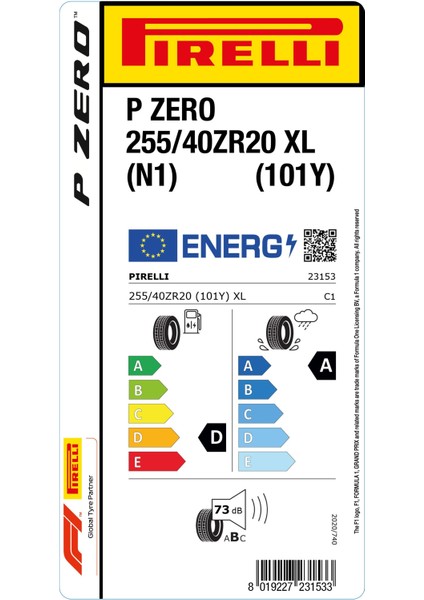 255/40ZR20 101Y Xl N1 P Zero Oto Yaz Lastigi Üretim YILI:2022