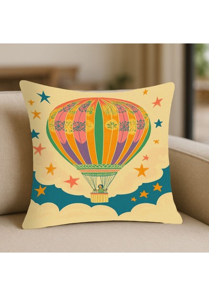 Sıcak Hava Balonu Desenli Yumuşak Kırlent Kılıfı – 43X43 Cm, Çift Taraflı, Fermuarlı, Yıkanabilir