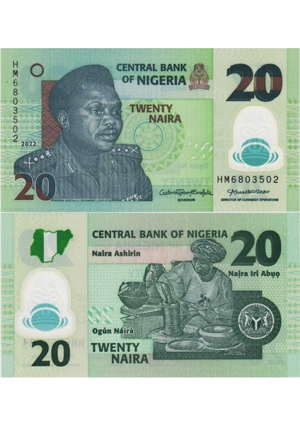 Nijerya 20 Naira 2022 Polymer ( Plastik ) Para. Çil Kondisyon.