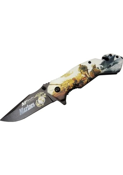 4 23 2 Marines Kurtarma / Kamp Çakı 20CM - Yarı Otomatik, Kemerlikli, Cam Kırma ve Ip Kesme Aparatlı