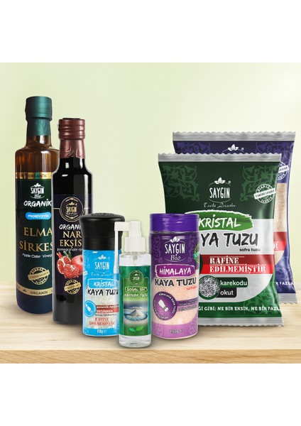 Salata Paketi - Organik Sirke & Doğal Tuz Kombinasyonu | Elma Sirkesi + Nar Ekşisi + Kristal Kaya Tuzu + Himalaya Tuzu + Sıvı Tuz 6'lı Set