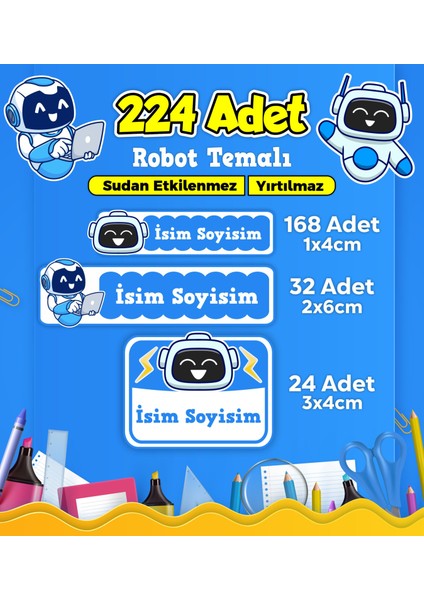 Robot Temalı Okul Kreş Kişiye Özel Isim Etiket Seti - Model 438