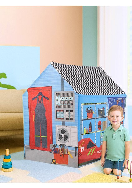 Mavi Yarış Arabalı Erkek Çocuk Oyun Evi Katlanabilir ve Eğlenceli Oyun Çadırı