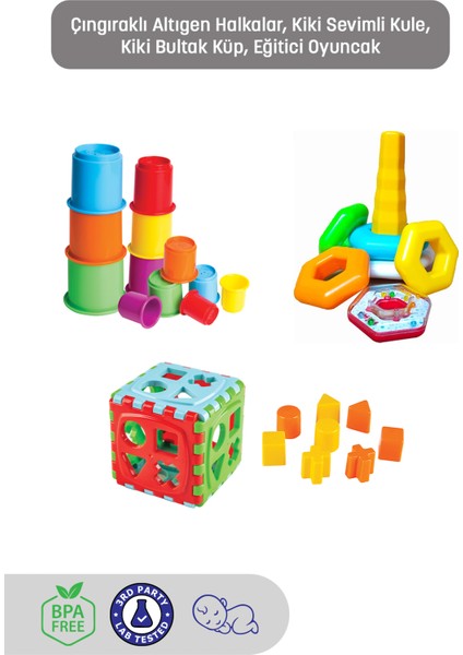 Çıngıraklı Altıgen Halkalar, Kiki Sevimli Kule, Kiki Bultak Küp - Eğitici Oyuncak
