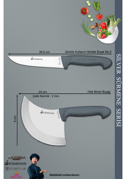 Sürmene Silver Serisi Gri Sap Mutfak Bıçak Hilal Börek Bıçağı Pizza Pide Bıçağı 2 Li Set ( Srm-05 )