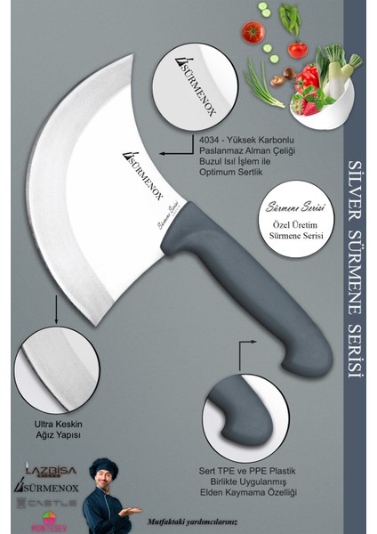 Sürmene Silver Serisi Gri Sap Mutfak Bıçak Hilal Börek Bıçağı Pizza Pide Bıçağı 2 Li Set ( Srm-05 )